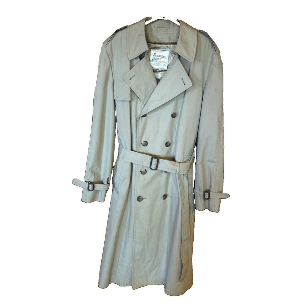 Vtg London Fog Men's Beige Trench Coat Removable Wool Liner 44 Long USA Classic